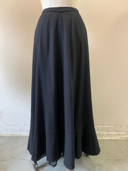 NL, Black, Wool, Solid, Rounded Piont Front Waistband French Seams Waist to shin, 5 Line ,over stitch Above 6'' Bottom Panel, Heavy Frayed Cotton Ribbon Along Inside Hem, Small Bustle attached Inside Back