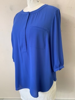 Womens, Blouse, NYDJ, Blue, Polyester, Solid, 1x, L/S, Scoop Neck, 5 Buttons, Chest Pocket