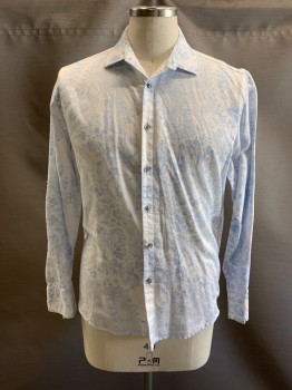 Mens, Casual Shirt, INC, White, Lt Blue, Linen, Cotton, Floral, Abstract , M, C.A., Button Front, L/S