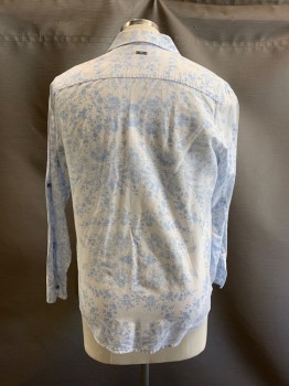 Mens, Casual Shirt, INC, White, Lt Blue, Linen, Cotton, Floral, Abstract , M, C.A., Button Front, L/S