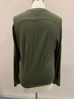 Mens, Pullover Sweater, RAG & BONE, Dk Olive Grn, Cotton, Silk, Solid, L, Round Neck,