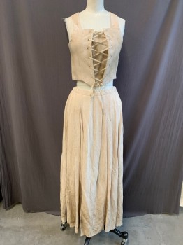 Womens, Historical Fict 2 Piece Dress, MTO, Lt Beige, Cotton, Solid, W24-28, B28-32, 1700s, BODICE, Lace Front, Slvls, Square Neck *Aged/Distressed*