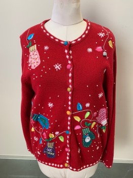 Womens, Sweater, KAREN SCOTT SPORT, Red, Ramie, Cotton, L, V-N, Single Breasted, B.F., Multi Color Christmas Theme Embroidery, Small Pearl Beads