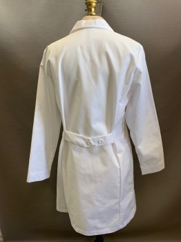 Unisex, Lab Coat Unisex, META, White, Polyester, Cotton, Solid, 2, White Solid, Notched Lapel, 5 Large White Button Front, 3 Pockets, Belted Back with 2 Large White Buttons, Holes at Side of Front Pockets,