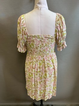 Womens, Dress, Short Sleeve, KIT & SKY, Ivory White, Lt Pink, Lime Green, Tan Brown, Rayon, Floral, M, Slight Sweetheart Neckline, Puff Sleeve, Knee Length, Smocked Bodice, Tie
