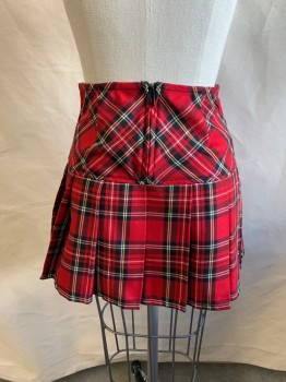 Womens, Skirt, Mini, ROYAL BLUES, Red, Black, Yellow, White, Cotton, Plaid, W:24, S, Wide Waistband, Pleated, Zip Back