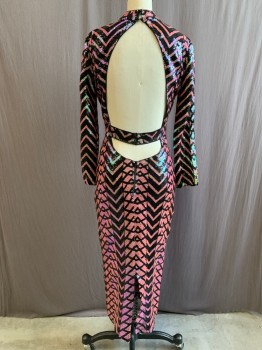 Womens, Cocktail Dress, BANJUL, Pink, Black, Polyester, Sequins, Chevron, B:36, M, W:28, Band Collar with Button Loop at Back, Long Sleeves, Large Keyhole Back, Zipped Strap Across Back Waist, Zip Back, Hem Below Knee, Stretch
