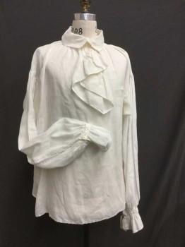 Mens, Historical Fiction Shirt, N/L, White, Linen, Solid, 44, Pull On, Long Sleeves, Collar Attached with 2 Button Front Closure, Ruffle Keyhole, Gathered At Button Cuff,