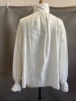 N/L, White, Linen, Solid, Pull On, Long Sleeves, Collar Attached with 2 Button Front Closure, Ruffle Keyhole, Gathered At Button Cuff,