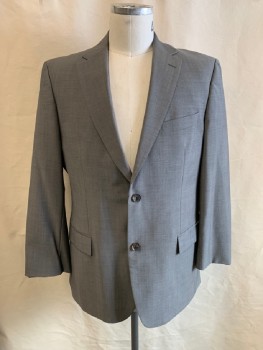 HUGO BOSS, Gray, Wool, Solid, Single Breasted, 2 Bttns, Notched Lapel, 3 Pckts,