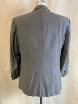HUGO BOSS, Gray, Wool, Solid, Single Breasted, 2 Bttns, Notched Lapel, 3 Pckts,