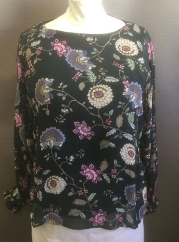 Womens, Top, VINCE CAMUTO, Dk Green, Pink, Ecru, Lt Green, Periwinkle Blue, Polyester, Viscose, Floral, XL, Dark Green with Pastel Floral Pattern, Chiffon, Long Sleeves, Pullover, Opaque Jersey Underlayer, Wide Scoop Neck, Smocked Cuffs