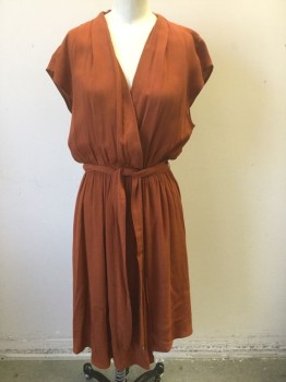 Womens, Dress, Short Sleeve, MAEVE, Rust Orange, Polyester, Solid, S, Poly Crepe, Cap Sleeve, Wrapped V-neck, Elastic Waist, Pleats at Shoulder Seams, Belt Loops, Knee Length **2 Piece with Matching Self Fabric Sash Belt
