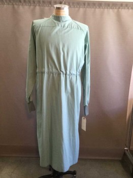 Unisex, Surgical Gown, N/L, Mint Green, Cotton, Solid, O/S, Back Neck White Twill Tape Tie, Drawstring Tie Back Waist, Open Back, Ribbed Knit Cuffs, Band Collar Open In Back