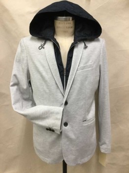 Mens, Sportcoat/Blazer, ZARA MAN, Lt Gray, Navy Blue, Polyester, Heathered, Solid, 40S, Nylon Faux Hoodie Insert, 2 Buttons,  Notched Lapel, Single Breasted, 3 Pockets, Blazer