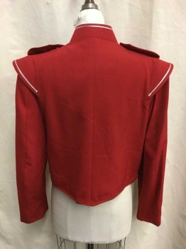 Unisex, Marching Band, Jacket/Coat, FRUHAUF UNIFORMS, Red, Silver, Polyester, Solid, 40L, Red Gabardine, Zip and Snap Front, Faux Buttons, Epaulets, Shoulders Edged with Silver, Can Also Rent with It Separately Silver and Blue Star Sash See Photo Attached,  Or Red White and Blue Star Front Rented Separately See Photo Attached, Multiples