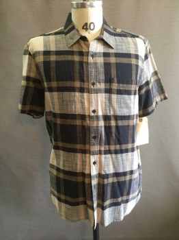TOP MAN, Beige, Navy Blue, Tan Brown, Cotton, Plaid, Button Front, Collar Attached, Short Sleeve,