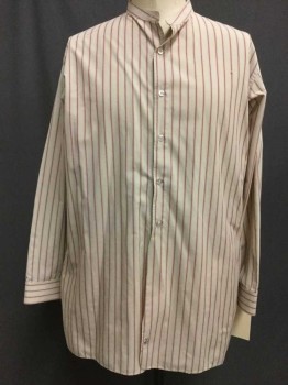 Beige, Maroon Red, Cotton, Stripes, Button Front, Collar Band, Long Sleeves, Stained On Right Shoulder,