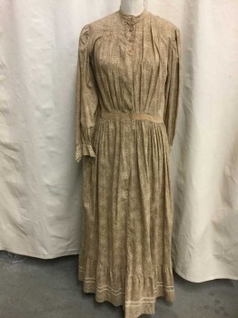 N/L MTO, Tan Brown, Khaki Brown, Cotton, Floral, Calico , Long Sleeves, Stand Collar, Pleated at Bust, Voluminous Pigeon Front Bodice, Tan Waistband, Bottom Hem Ruffle with Cream Ric Rac Trim, Made To Order