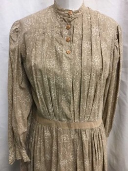 N/L MTO, Tan Brown, Khaki Brown, Cotton, Floral, Calico , Long Sleeves, Stand Collar, Pleated at Bust, Voluminous Pigeon Front Bodice, Tan Waistband, Bottom Hem Ruffle with Cream Ric Rac Trim, Made To Order