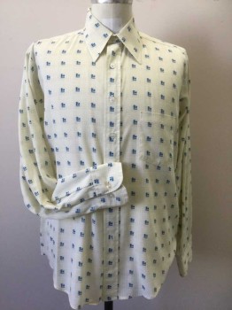 CAMBRIDGE, Cream, Lt Blue, Blue, Khaki Brown, Poly/Cotton, Geometric, Long Sleeves, Collar Attached, Button Front, 1 Pocket,