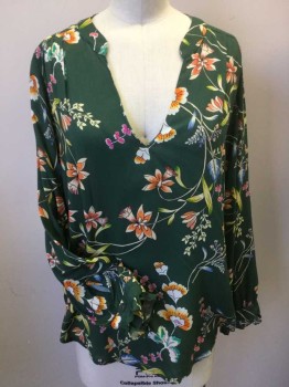 VELVET, Green, Orange, Beige, Blue, Pink, Viscose, Floral, Dark Green W/orange, Beige, Blue, Pin, Lime, Yellow W/black Outline Floral Print, Round W/trim V-neck, Pullover, Long Sleeves, with Small Ruffle Cuff & 1 Button