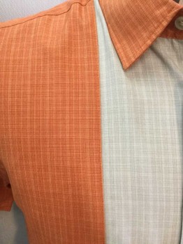VAN HEUSEN, Orange, Beige, Rayon, Polyester, Orange Body with Beige Center Front Panel, Short Sleeve,  Button Front, Collar Attached, Slit Side Hem, Double