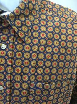TOMMY HILLFIGER, Blue, Yellow, Red, Green, Cotton, Print, Corduroy, Medallion Print, Long Sleeves, Button Front, Collar Attached, 1 Pocket,