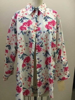 Lands End, White, Hot Pink, Blue, Green, Rust Orange, Cotton, Floral, Long Sleeves, Button Front, Collar Attached,