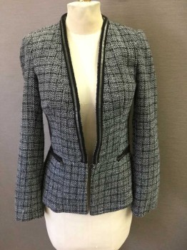 Womens, Blazer, NO LABEL, Black, White, Gray, Polyester, Acrylic, Tweed, S, Open Front, 1 Hook & Eye, Blk Metal Chain Over Black Strip Lapel And Waist, Peplum