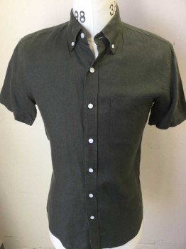 J. CREW, Olive Green, Linen, Heathered, Heather Dark Olive, Collar Attached, Button Down, Button Front, 1 Pocket, Short Sleeves,