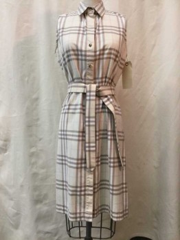 Womens, Dress, Sleeveless, BURBERRY, Beige, Brown, White, Lt Pink, Cotton, Synthetic, Plaid, 4, Beige/ Brown/ White/ Lt Pink Plaid, Button Front, Collar Attached, Sleeveless, Belt