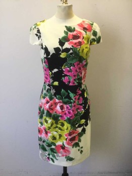 DONNA RICCO, Multi-color, Cream, Black, Yellow, Coral Pink, Polyester, Floral, Cream with Black, Yellow, Coral, Green, Fuchsia Painted Flowers Print, Cap Sleeves, Scoop Neck, Princess Seams, Knee Length, Solid Black Smocked Panel at Center Back Waist