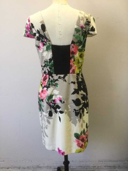 DONNA RICCO, Multi-color, Cream, Black, Yellow, Coral Pink, Polyester, Floral, Cream with Black, Yellow, Coral, Green, Fuchsia Painted Flowers Print, Cap Sleeves, Scoop Neck, Princess Seams, Knee Length, Solid Black Smocked Panel at Center Back Waist