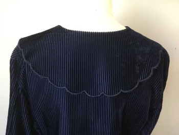 Mto, Navy Blue, Rayon, Polyester, Stripes, Upper Class Day Walking Dress.possible Mourning Dress  Wide Wail Corduroy Polyester Blend. Square Neckline with Scalloped Trim Collar & Center of Top Hobble Skirt, 3/4 Sleeves. Tuck Pleats at Skirt Back Waist,