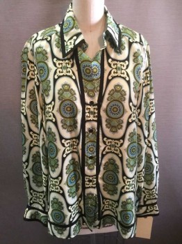 Womens, Blouse, N/L, Cream, Olive Green, Lt Blue, Black, Mint Green, Silk, Floral, B36, Twill Weave, Long Sleeves, Button Front, Collar Attached, Outlined in Black Grosgrain Ribbon, 1970's Vibe for the Floral Print