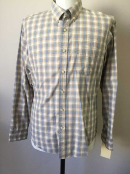 J CREW, Blue, White, Turmeric Yellow, Cotton, Plaid, Button Front, Collar Attached, Button Down Collar, Long Sleeves, 1 Pocket,