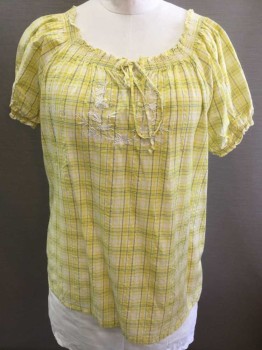 COMPANY ONE WOMAN, Yellow, White, Lt Green, Cotton, Lurex, Plaid, Floral, Yellow/White/Dusty Green Plaid, Silver Metallic Stripes Throughout, Peasant Top, Short Sleeve, Scoop Neck with Elastic Smocked Edge, Keyhole/Notch with Self Ties, Elastic Cuffs, White Floral Embroidery at Front