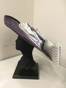 MTO, Aubergine Purple, White, Blue, Straw, Oversize Wide Brim, White/Blue Gathered Silk Hat Band with Oversize Bow in Back,