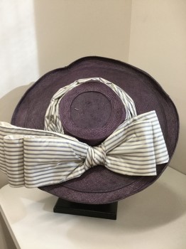 MTO, Aubergine Purple, White, Blue, Straw, Oversize Wide Brim, White/Blue Gathered Silk Hat Band with Oversize Bow in Back,