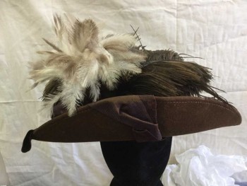 N/L, Brown, White, Wool, Feathers, Solid, Floral, Sturdy Wool Base with Vintage Silk Floral and Grosgrain Ribbon Band and Bow. Nice Feather Duster and Plumes,