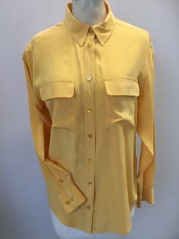 EQUIPMENT, Yellow, Silk, Solid, Warm Yellow, Collar Attached, Button Front, 2 Pockets with Flap, Long Sleeves,