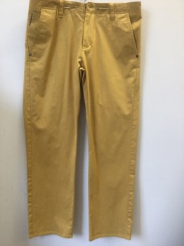 MONDO, Dijon Yellow, Cotton, Solid, Flat Front, Zip Fly, 4 Pockets, 1 Rear Pocket with Zipper.