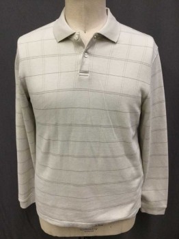 VAN HEUSEN, Ecru, Brown, Cotton, Polyester, Plaid-  Windowpane, Long Sleeves, Ribbed Knit Collar Attached/Cuff, 2 Buttons