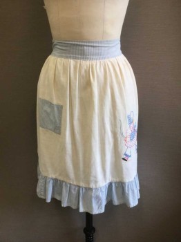 N/L, White, Lt Blue, Pink, Cotton, Solid, Stripes, Blue/White Stripe Waistband with Back Tie, Solid White with Pink/LtBlue/Orange/Black Embroidery Woman with Bonnet Holding Kettle, Blue/White Stripe Ruffle Hem