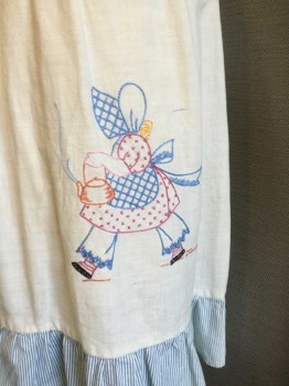 N/L, White, Lt Blue, Pink, Cotton, Solid, Stripes, Blue/White Stripe Waistband with Back Tie, Solid White with Pink/LtBlue/Orange/Black Embroidery Woman with Bonnet Holding Kettle, Blue/White Stripe Ruffle Hem