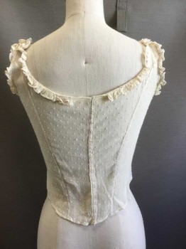 N/L, Cream, Cotton, Spandex, Dots, Sheer Dotted Texture Cotton Gauze, Sleeveless, 1" Wide Straps with Self Ruffles at Edges of Straps/Armholes and Bust, 2 Inset White Faggoting Stripes, Button Front, Has Been Reinforced Inside with Lt Beige Spandex **Mended in a Number of Spots