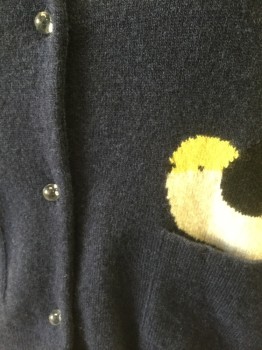 Womens, Sweater, ORLA KIELY, Navy Blue, Oatmeal Brown, Black, Yellow, Lt Blue, Wool, Novelty Pattern, S, Navy Solid with Oatmeal, Black, Yellow and Light Blue Birds at Either Side, Both Peeking Out of Patch Pockets (One on Each Side, Clear Buttons at Front, Long Sleeves, Round Neck