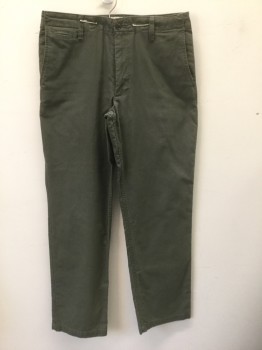Mens, Casual Pants, DOCKERS, Dk Olive Grn, Cotton, Stripes - Micro, Solid, Ins:32, W:32, Zip Fly, 4 Pockets Plus 1 Watch Pocket, Belt Loops, Straight Leg