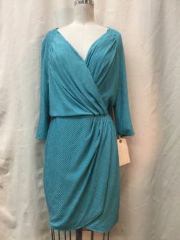 Womens, Cocktail Dress, GUESS, Turquoise Blue, Metallic, Polyester, Metallic/Metal, Stripes, S, Turquoise, Metallic Stripes, Cross Over Bust, 3/4 Sleeves,